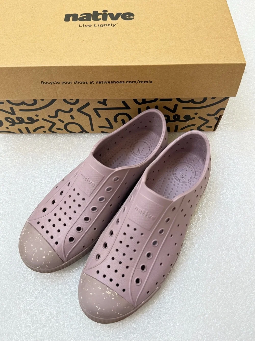 Native Slip-On Shoes in Mauve with Speckled Tan Toecaps
